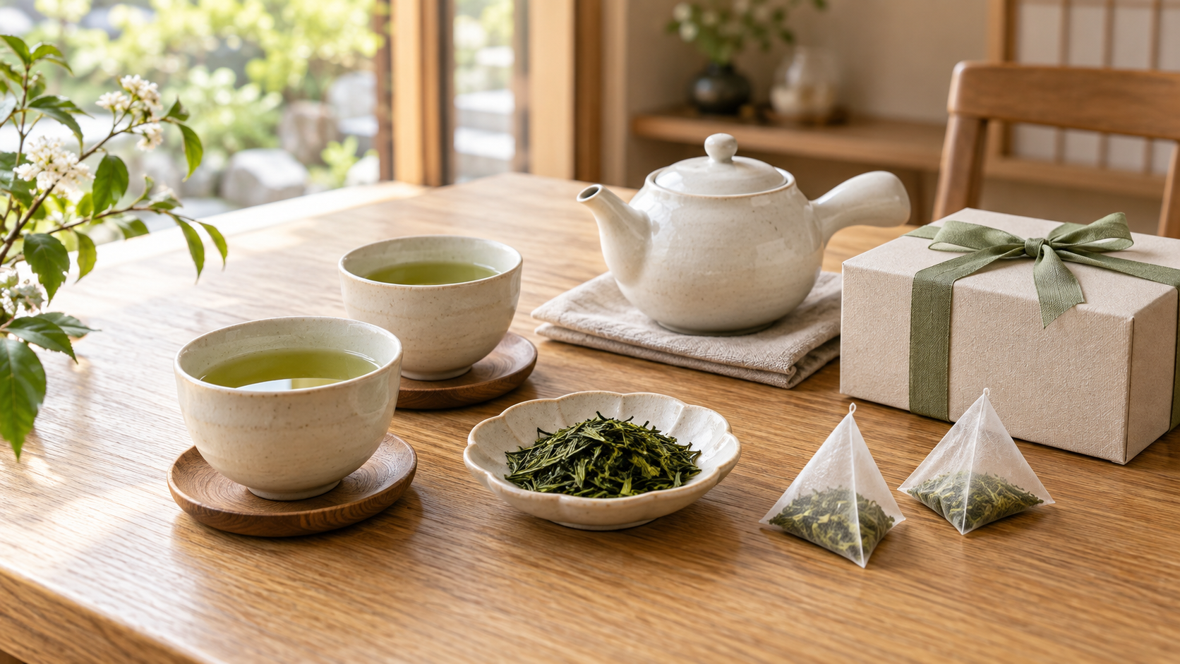急須と緑茶、茶葉とティーバッグ、ギフト箱を並べた食卓のイメージ